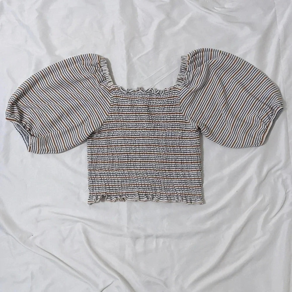 LOFT Striped Square Neck Puff Sleeve Top, Color White/Blue/Yellow Size M - Picture 4 of 13